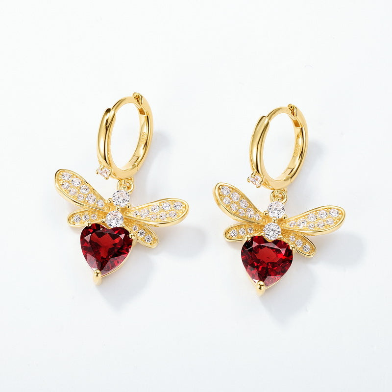 7mm Heart Shaped Garnet Earrings January Birthstone Bee/Dragonfly Design Red Heart Gemstone Hoop
