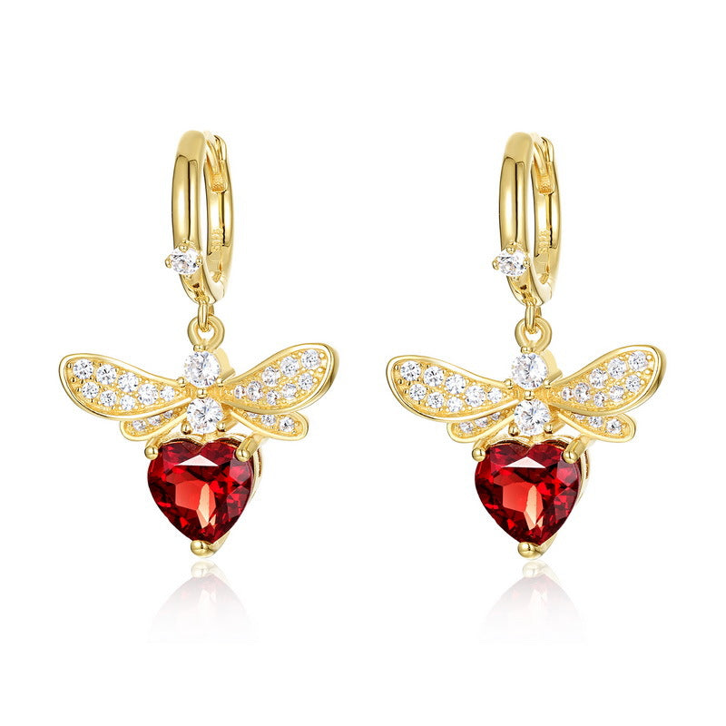 7mm Heart Shaped Garnet Earrings January Birthstone Bee/Dragonfly Design Red Heart Gemstone Hoop
