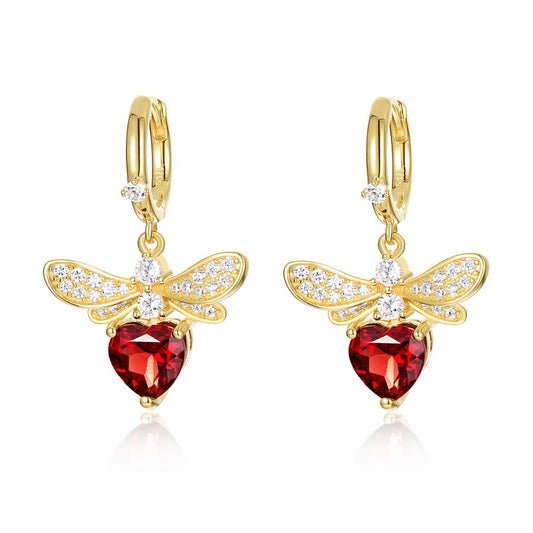 7mm Heart Shaped Garnet Earrings January Birthstone Bee/Dragonfly Design Red Heart Gemstone Hoop