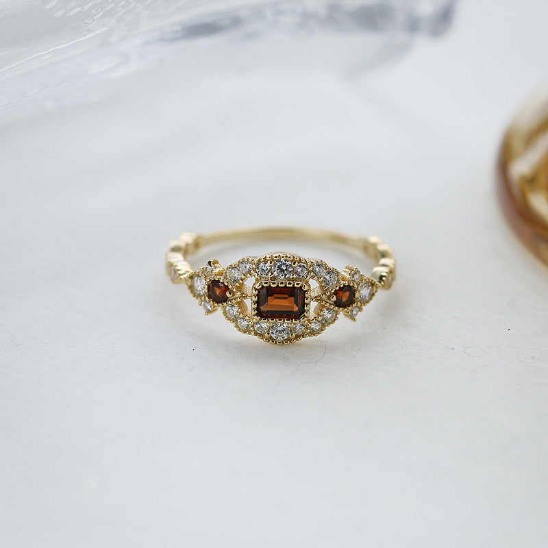 Antique Victorian Baguette Red Garnet Ring - Vermeil Milgrain Marquise Mosaic Band
