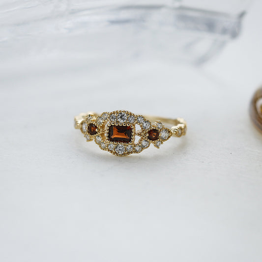 Antique Victorian Baguette Red Garnet Ring - Vermeil Milgrain Marquise Mosaic Band