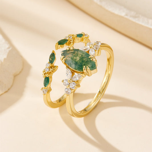 Vintage Forest Floral Moss Agate Ring Set, Marquise Green Moss Agate With Emerald  Nature Inspired Cluster Promise Ring For Her