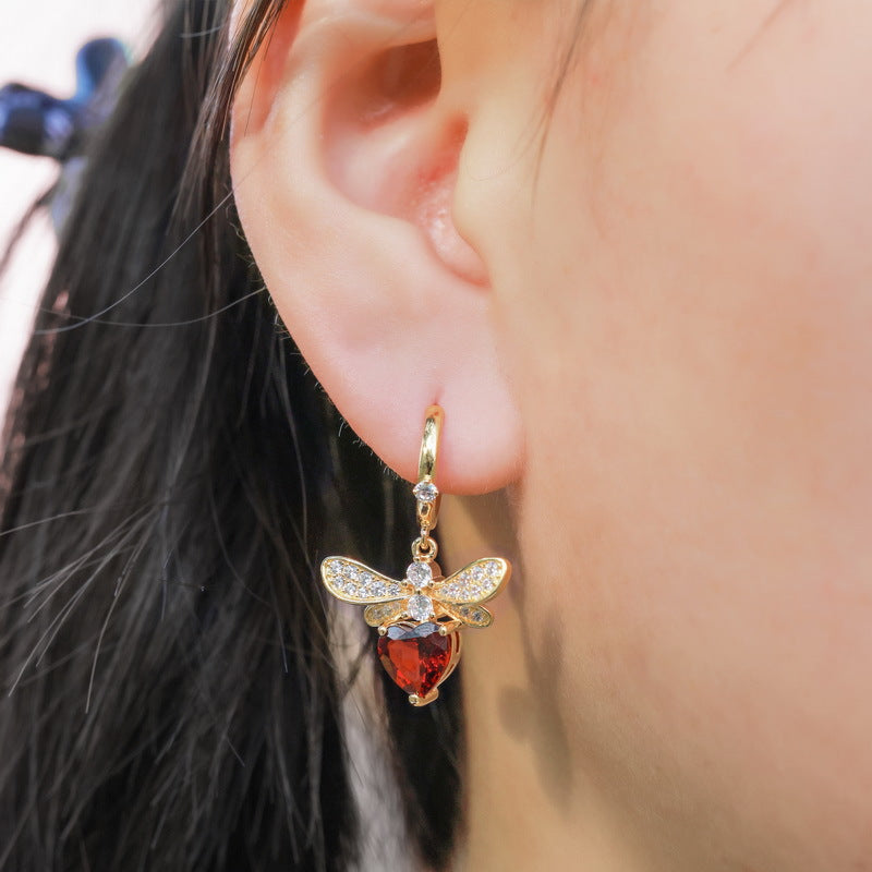 7mm Heart Shaped Garnet Earrings January Birthstone Bee/Dragonfly Design Red Heart Gemstone Hoop