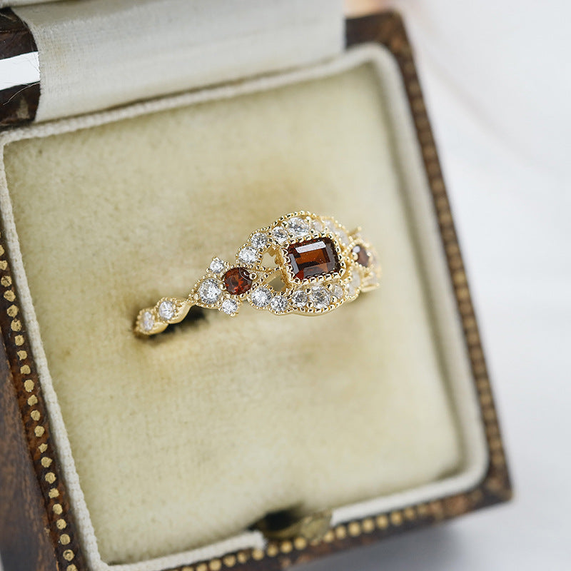 Antique Victorian Baguette Red Garnet Ring - Vermeil Milgrain Marquise Mosaic Band