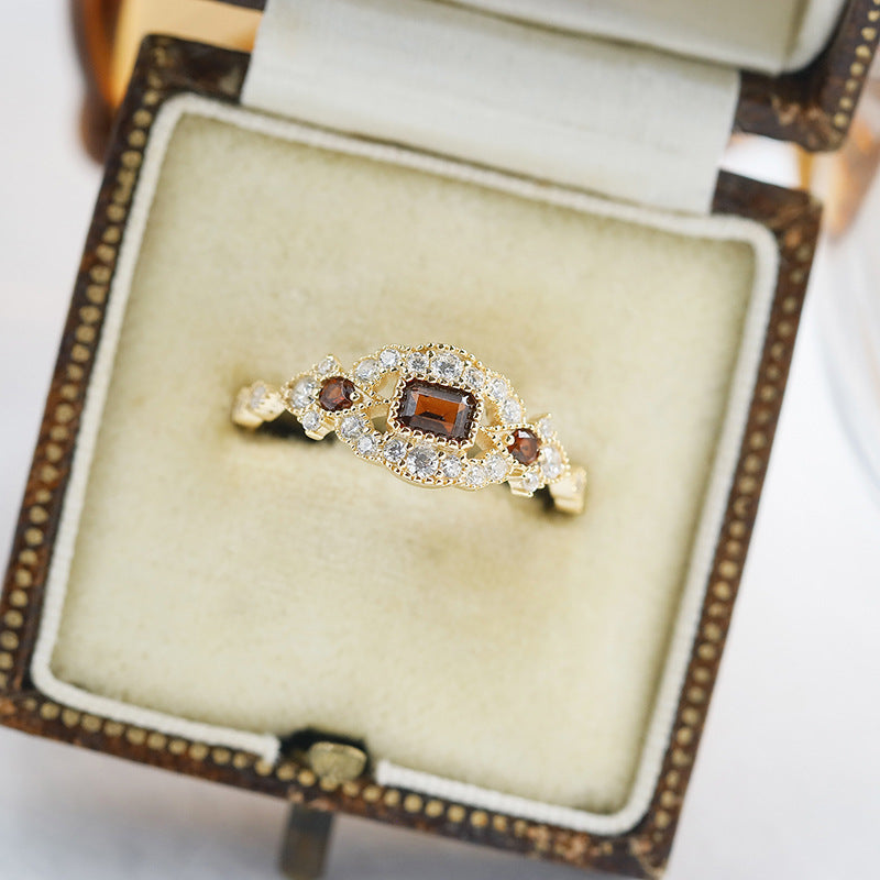 Antique Victorian Baguette Red Garnet Ring - Vermeil Milgrain Marquise Mosaic Band