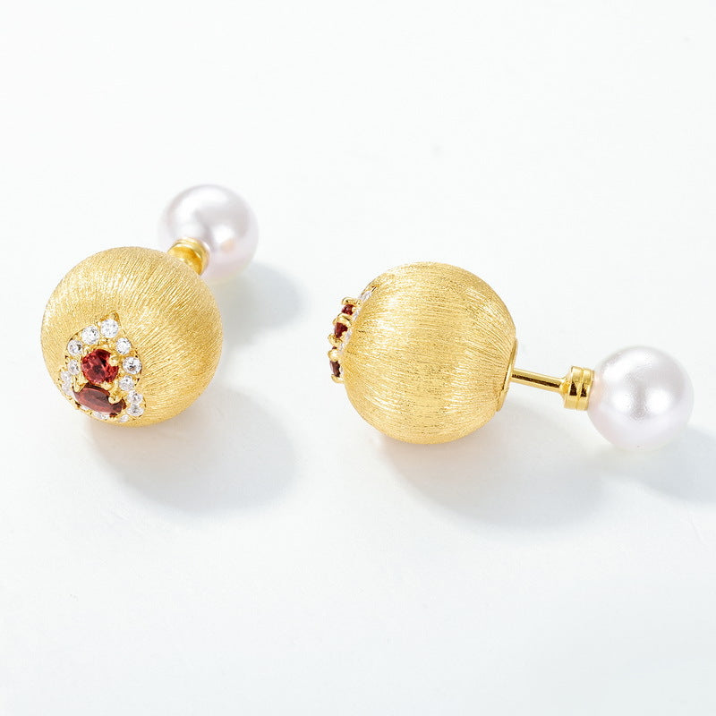 Unique January Birthstone Garnet Pearl Earrings, Brushed Gold Ball Stud Earrings