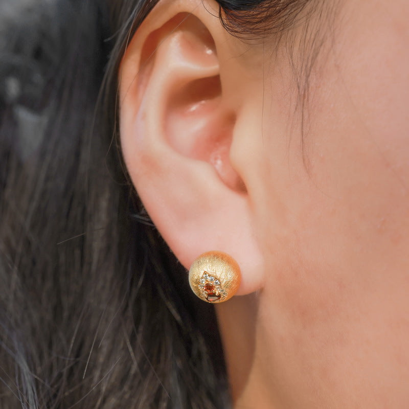 Unique January Birthstone Garnet Pearl Earrings, Brushed Gold Ball Stud Earrings