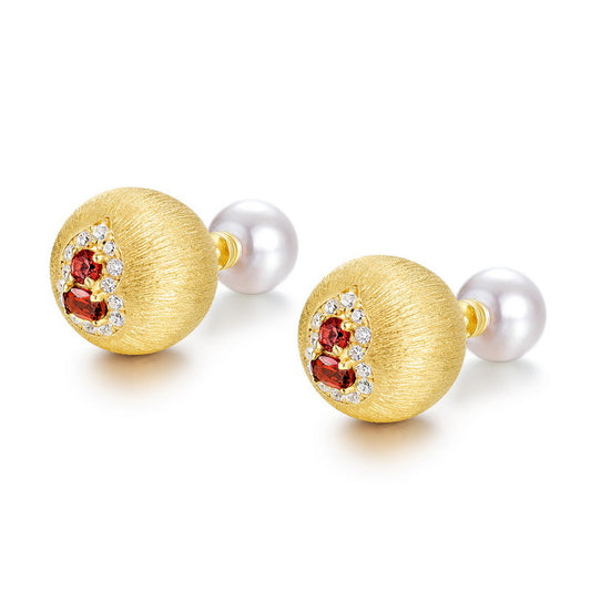 Unique January Birthstone Garnet Pearl Earrings, Brushed Gold Ball Stud Earrings