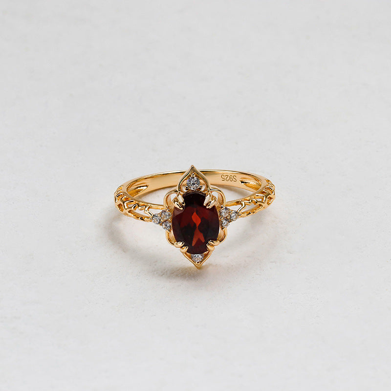 Gothic Marquise-Style Oval Garnet Ring - Vintage Pointed Halo Band