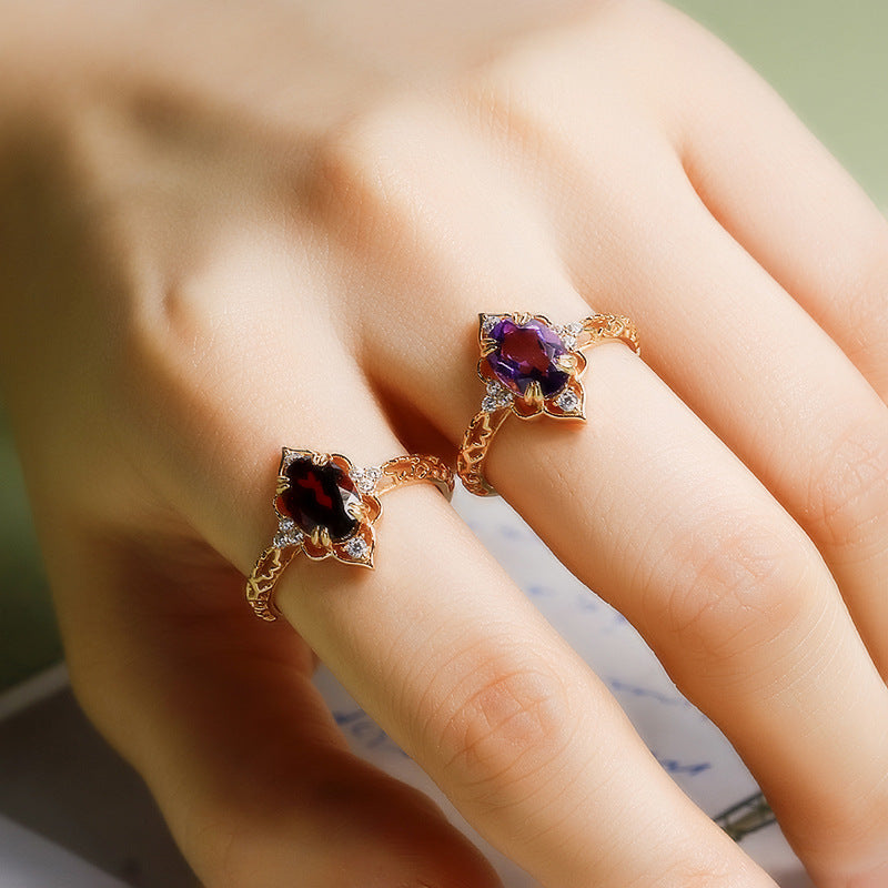 Gothic Marquise-Style Oval Garnet Ring - Vintage Pointed Halo Band