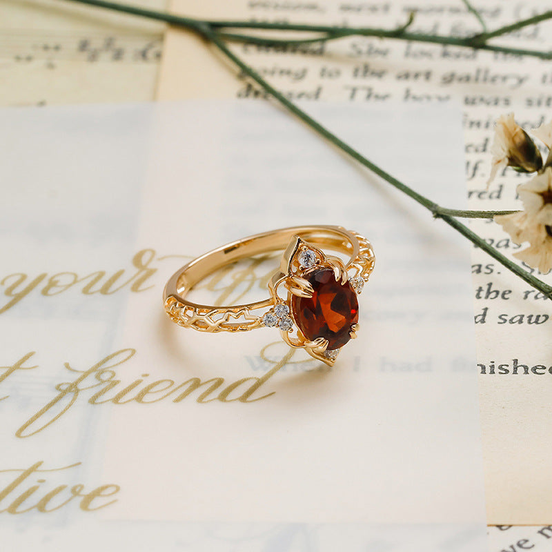 Gothic Marquise-Style Oval Garnet Ring - Vintage Pointed Halo Band