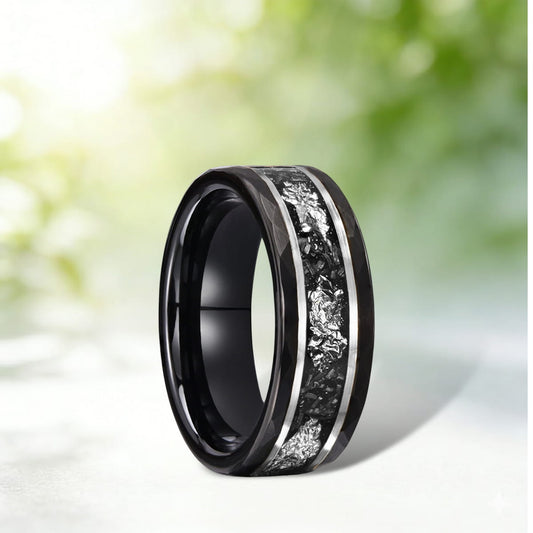 8mm Black Tungsten Ring for Men, Hammered Finish with Meteorite & Silver Foil Inlay