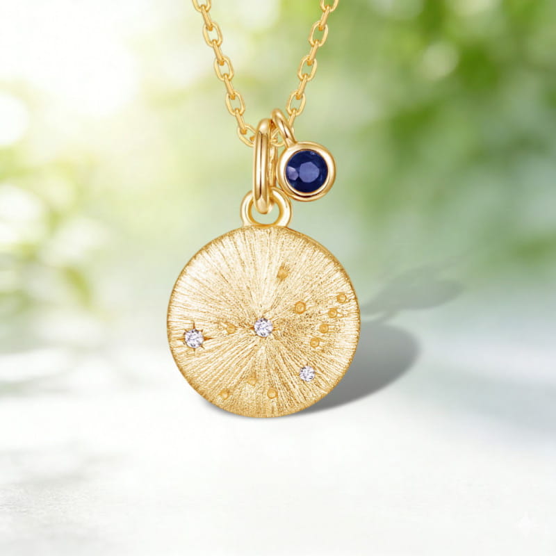 Virgo Zodiac Coin Necklace | Sapphire Birthstone Constellation Pendant | Brushed Gold Celestial Jewelry
