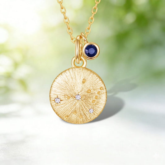 Virgo Zodiac Coin Necklace | Sapphire Birthstone Constellation Pendant | Brushed Gold Celestial Jewelry