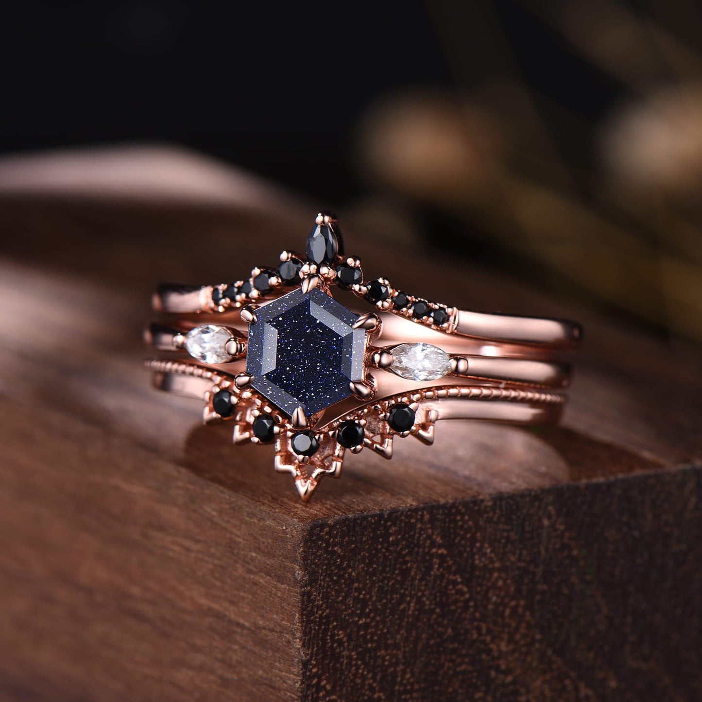 Dainty Hexagon Blue Sandstone Bridal Set | 3 Piece Rose Gold Art Deco Wedding Ring with Black Spinel Bands