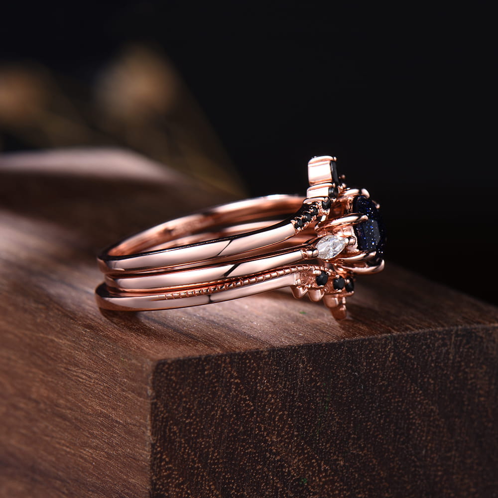 Dainty Hexagon Blue Sandstone Bridal Set | 3 Piece Rose Gold Art Deco Wedding Ring with Black Spinel Bands