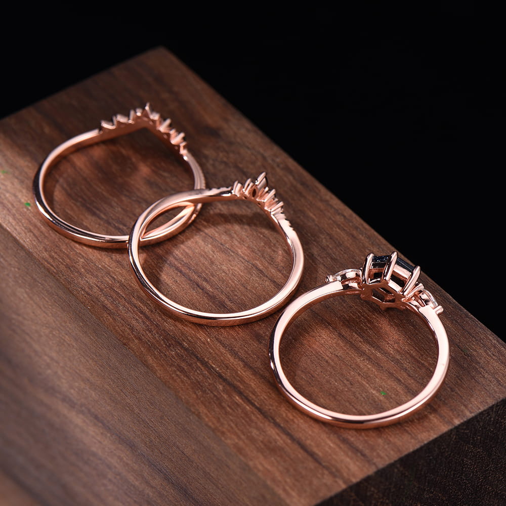 Dainty Hexagon Blue Sandstone Bridal Set | 3 Piece Rose Gold Art Deco Wedding Ring with Black Spinel Bands