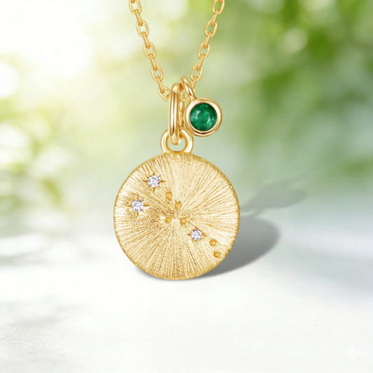 Taurus Constellation Necklace | Emerald Birthstone Zodiac Pendant | Brushed Gold Coin Astrology Gift