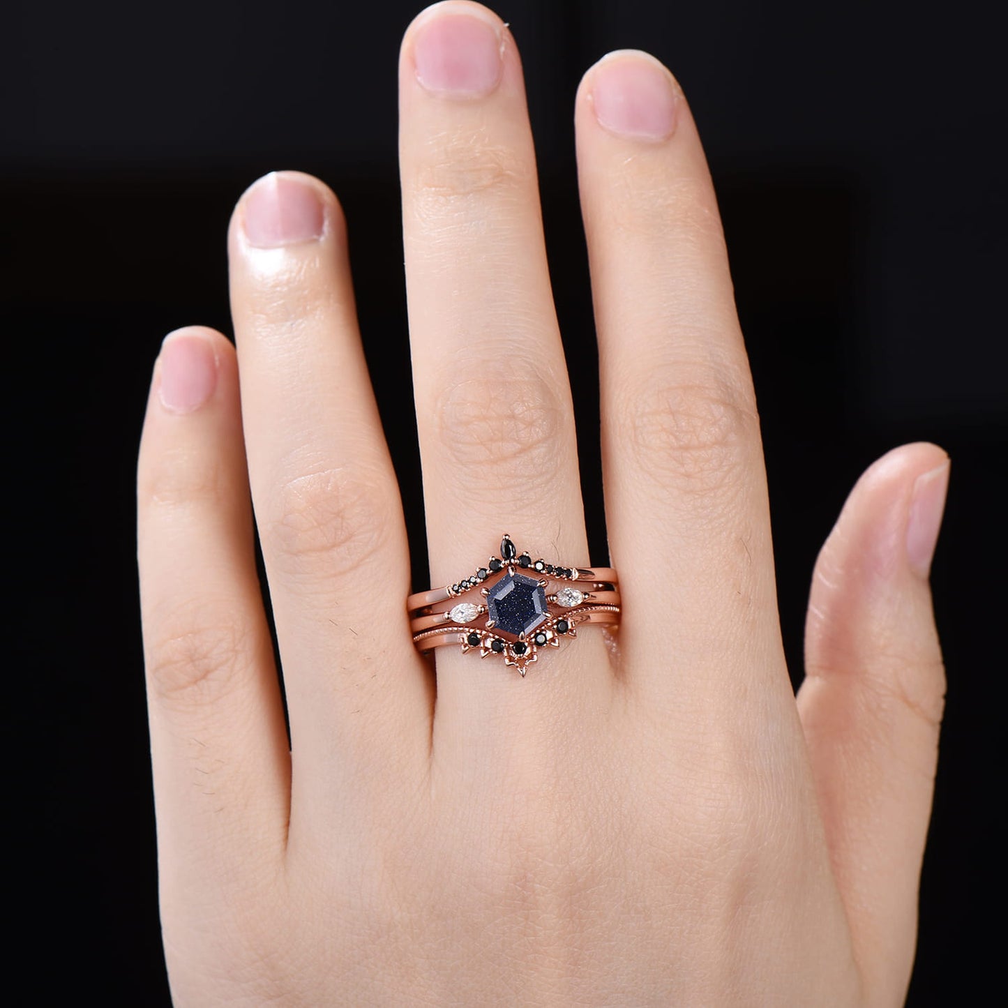 Dainty Hexagon Blue Sandstone Bridal Set | 3 Piece Rose Gold Art Deco Wedding Ring with Black Spinel Bands