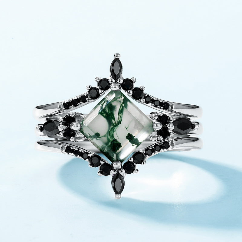 Natural 7mm Princess Cut Moss Agate Engagement Ring, Alternative Bridal Set with Gothic Black Stones