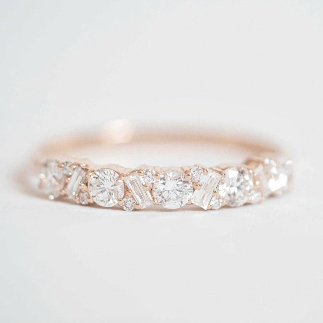 Moissanite Half Eternity Band Yellow Gold Cluster Wedding Ring Unique Stackable Bridal Anniversary Statement Ring