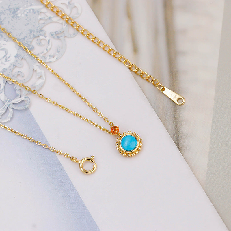 Vintage Milgrain Round Turquoise Pendant with Sunstone Accent