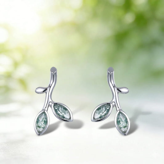 Dainty Sprout Moss Agate Studs Whimsical Tree Branch Earrings Unique Forest Lover Gift