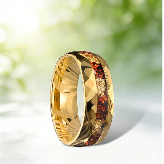 Bold 8mm Damascus Steel Wedding Band, Striking Red Opal & Gold Wire Design, Gold Plated Men's Statement Ring