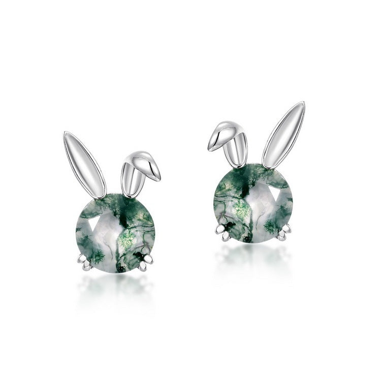 Natural Round Cut Moss Agate Rabbit Studs Bunny Earrings