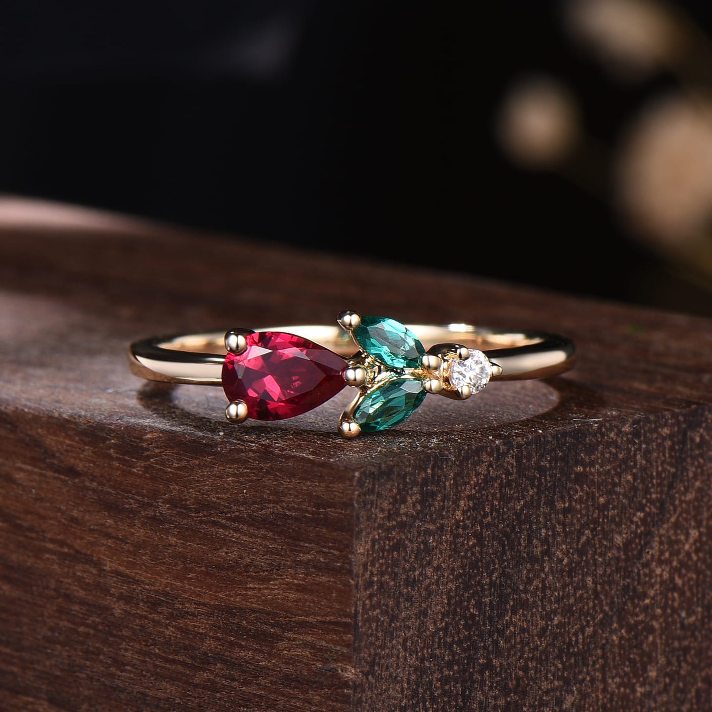 Pear Ruby & Green Emerald Cluster Ring with Marquise Leaf Accents