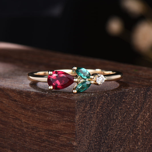 Pear Ruby & Green Emerald Cluster Ring with Marquise Leaf Accents