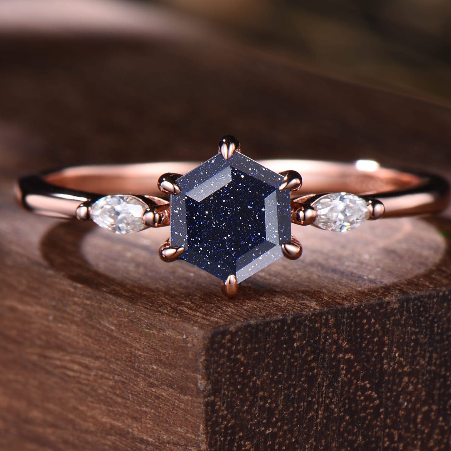 Dainty Hexagon Blue Sandstone Bridal Set | 3 Piece Rose Gold Art Deco Wedding Ring with Black Spinel Bands
