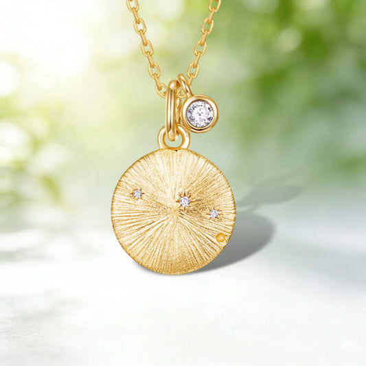 Aries Star Sign Necklace | Crystal Birthstone Zodiac Pendant | Hand-Brushed Gold Horoscope Disc