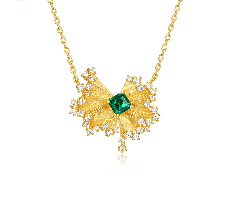 Vintage Inspired Gold Sunburst Necklace with Emerald Green Gem and Crystal Halo