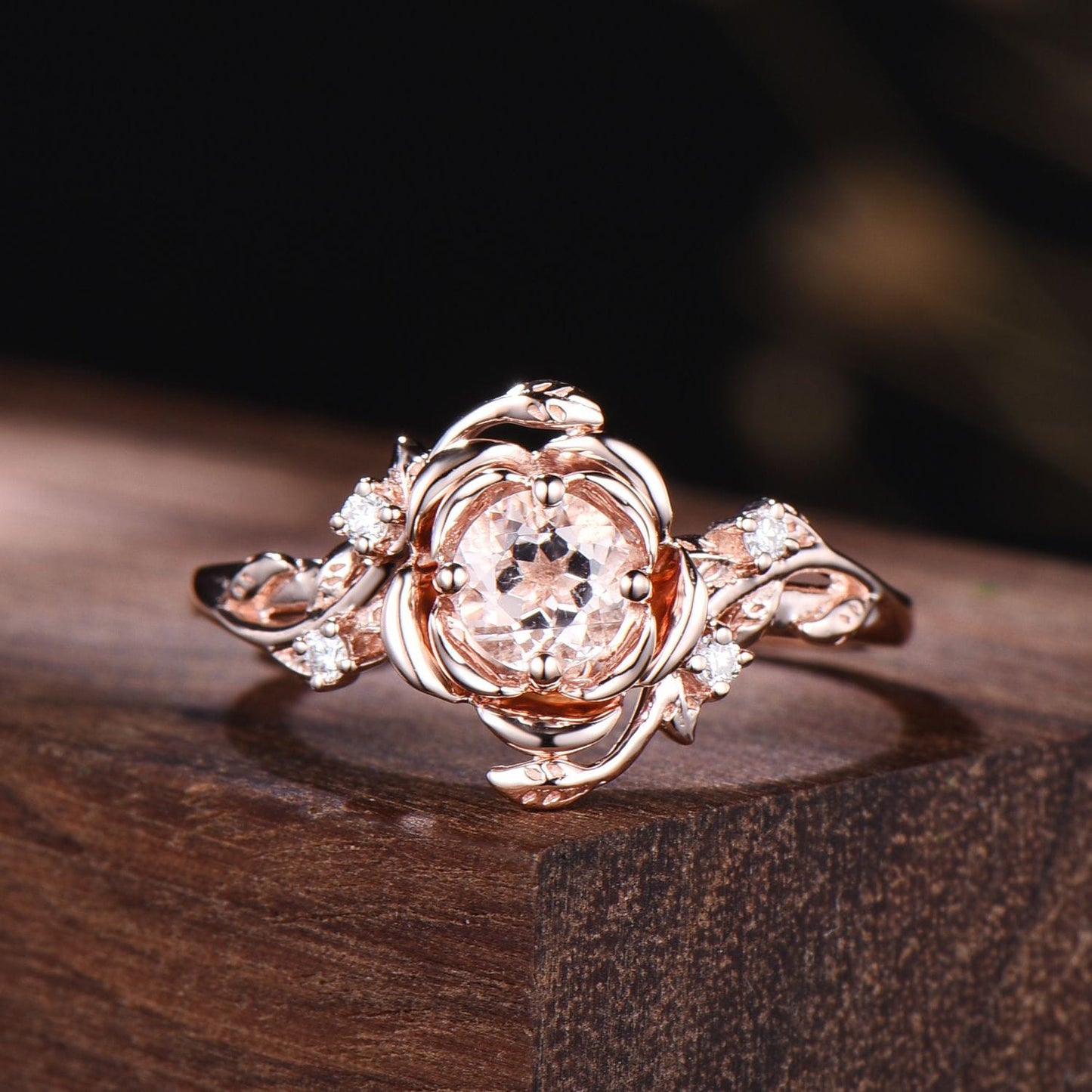 Floral Round Cut Morganite Engagement Ring Rose Gold Ring Nature Inspired Flower Ring