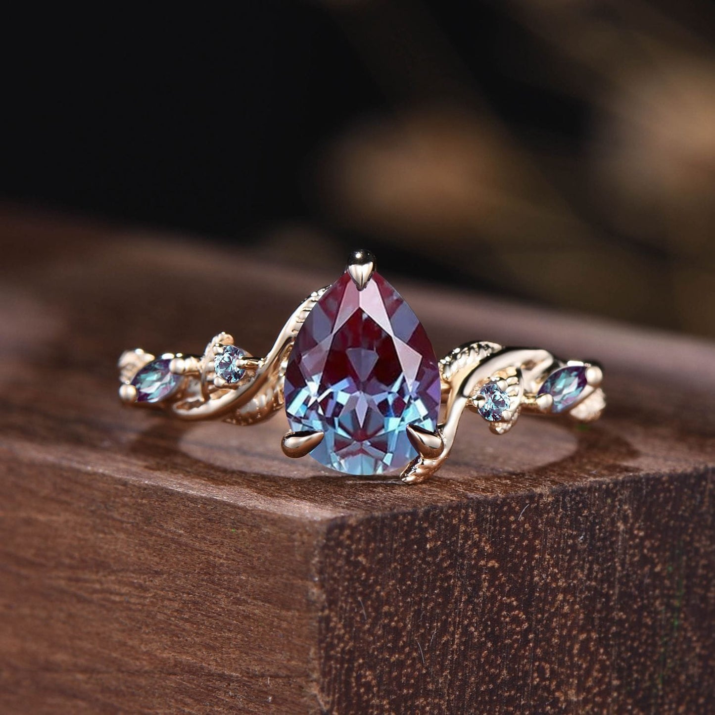 Nature Inspired Pear Shaped Alexandrite Engagement Ring | Twist Leaf Vine Marquise Wedding Promise Ring
