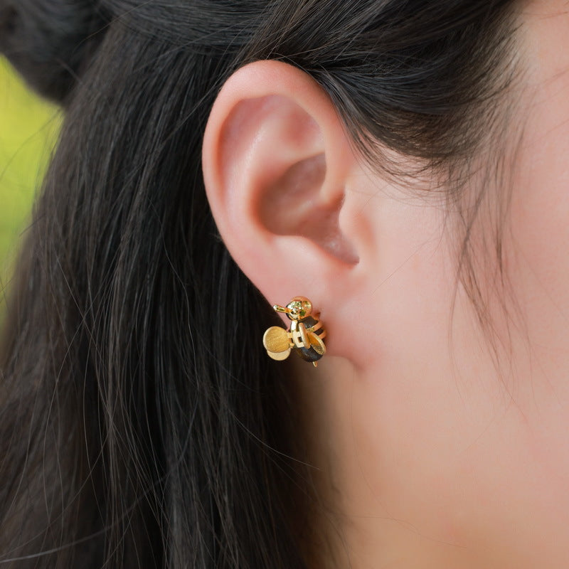Tiger's Eye Bee Earrings, Hand Brushed Gold Insect Stud Earrings for Women
