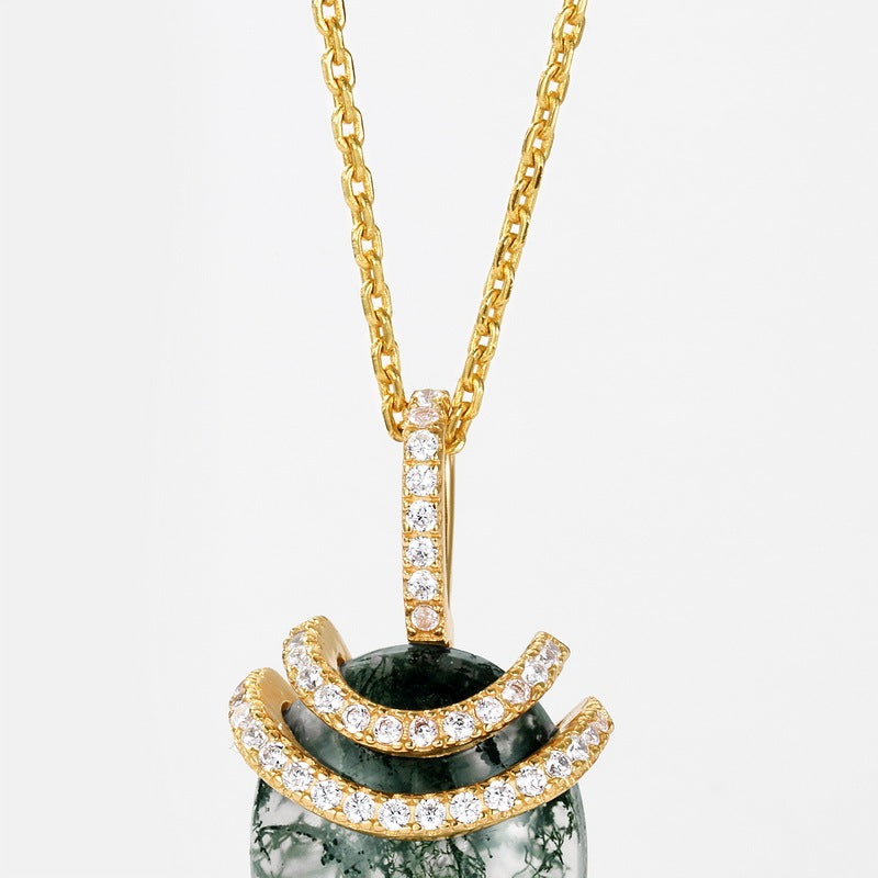 Forest Spirit Moss Agate Teardrop Necklace with Sparkling Pavé Crescent Accents