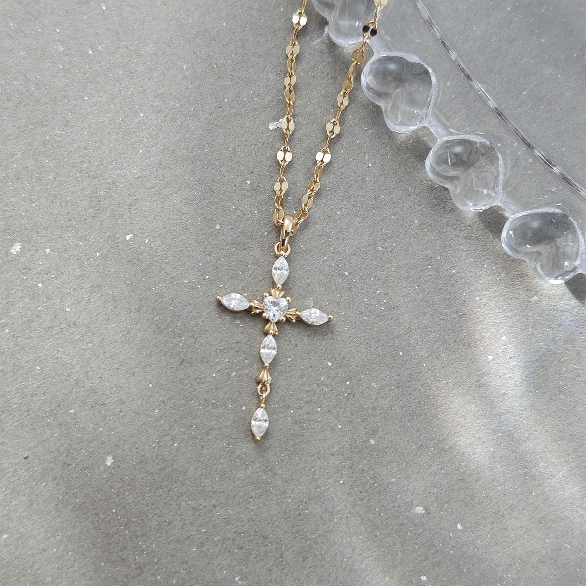Dainty Marquise & Heart Cut Moissanite Cross Necklace