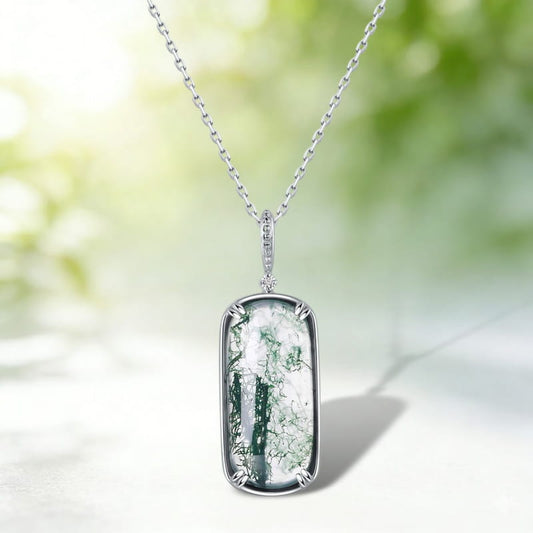 Hand Polished Rectangular Cut Moss Agate Pendant Necklace