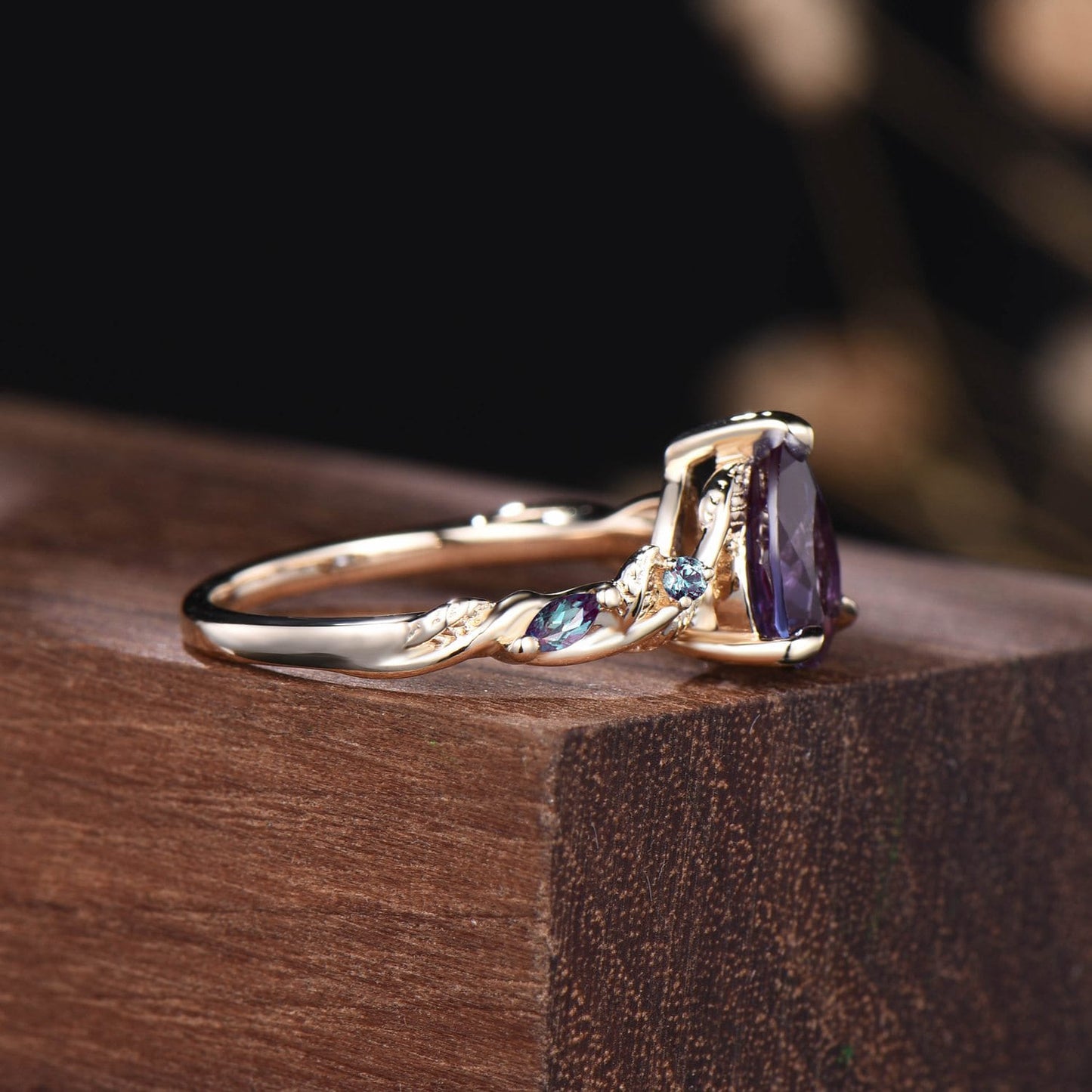 Nature Inspired Pear Shaped Alexandrite Engagement Ring | Twist Leaf Vine Marquise Wedding Promise Ring
