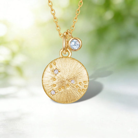 Pisces Zodiac Coin Necklace | Aquamarine Birthstone Constellation Pendant | Hand-Brushed Celestial Jewelry