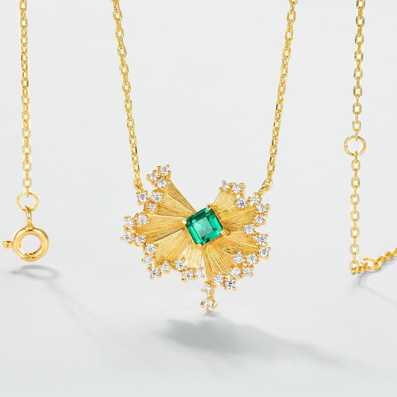 Vintage Inspired Gold Sunburst Necklace with Emerald Green Gem and Crystal Halo
