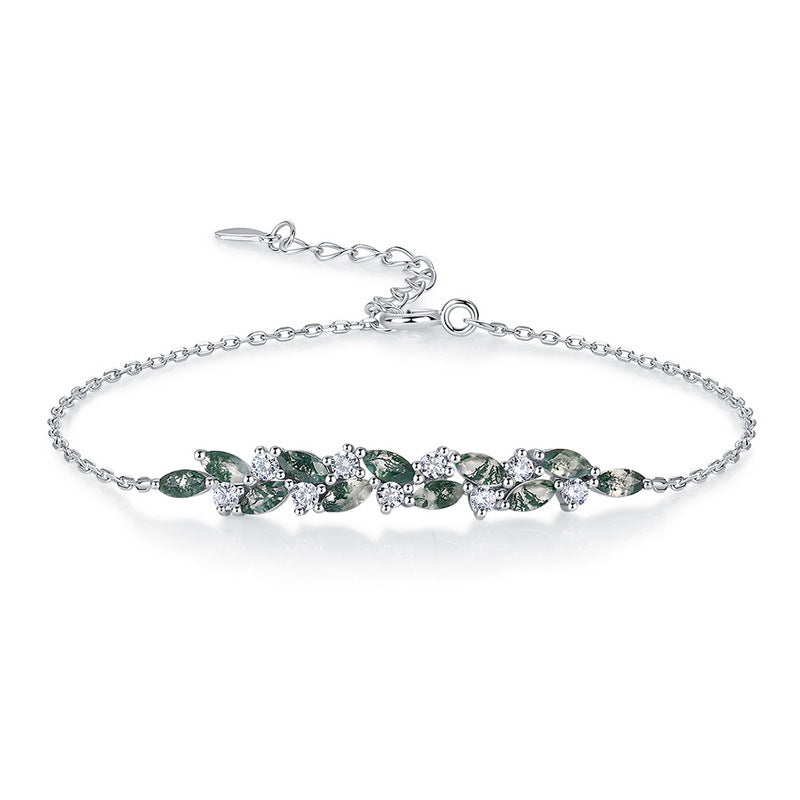 Natural Marquise Moss Agate Leaf Bracelet 925 Sterling Silver Adjustable Chain Bracelet For Women Wedding Jewelry