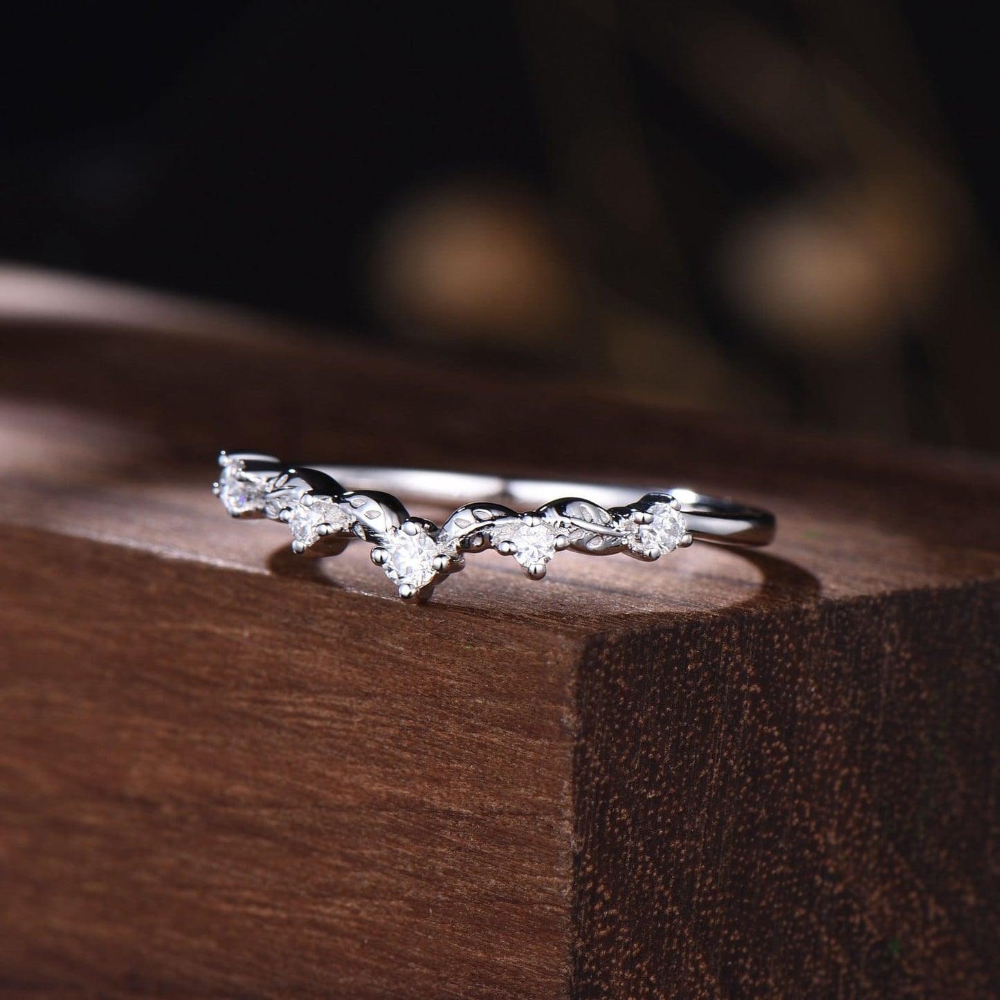 Curved Moissanite Wedding Band | Nature-Inspired Vine Stacking Ring
