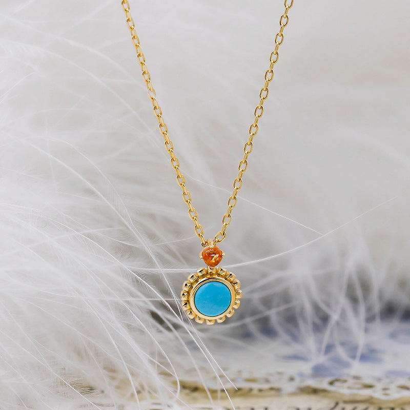 Vintage Milgrain Round Turquoise Pendant with Sunstone Accent