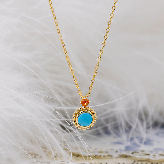 Vintage Milgrain Round Turquoise Pendant with Sunstone Accent