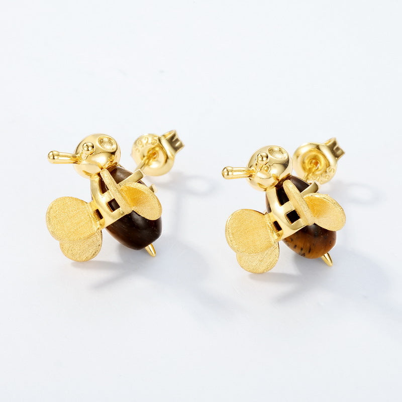 Tiger's Eye Bee Earrings, Hand Brushed Gold Insect Stud Earrings for Women