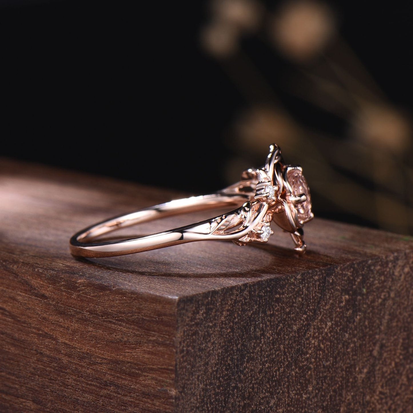 Floral Round Cut Morganite Engagement Ring Rose Gold Ring Nature Inspired Flower Ring