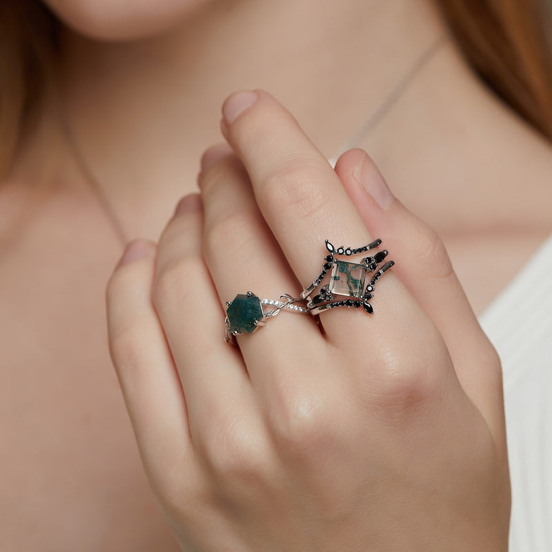 Natural 7mm Princess Cut Moss Agate Engagement Ring, Alternative Bridal Set with Gothic Black Stones